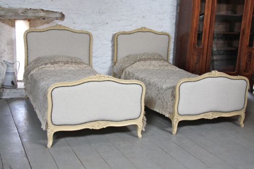 Fully Reupholstered in Laura Ashley Plain Linen, Pair of Single French Louis Xv Painted Beds