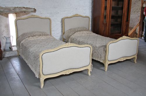 fig 1. Fully reupholstered in Laura Ashley plain Linen, pair of single French Louis XV painted beds