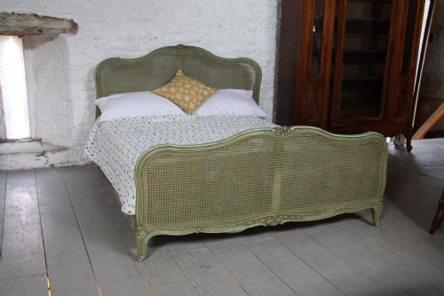 Very Pretty Original Painted French Kingsize Caned Bed with Lovely Undulating Curves