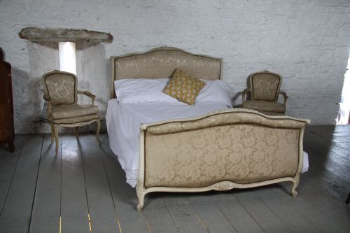 Original French Upholstered Sleigh Roll Top Style Louis Xv King Size Bed with Pair of Matching Chairs