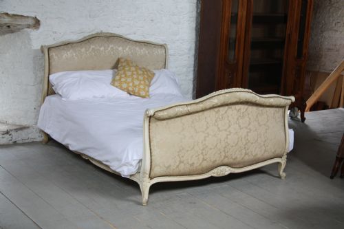 fig 1. Original French upholstered sleigh roll top style Louis XV king size bed with pair of matching chairs