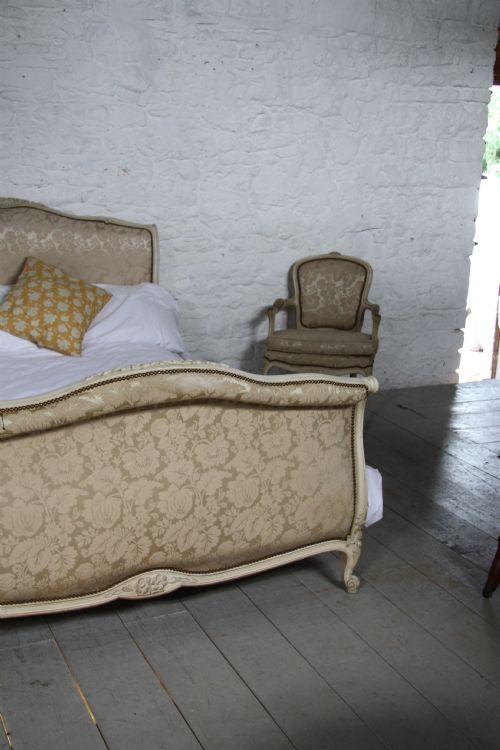 fig 2. Original French upholstered sleigh roll top style Louis XV king size bed with pair of matching chairs