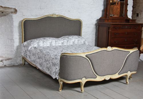 Lovely French Three Section Corbielle  King Size Bed with New Grey Linen Upholstery