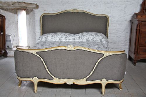 fig 1. Lovely French three section corbielle  king size bed with new grey linen upholstery