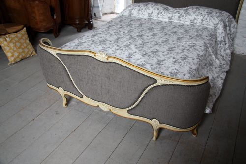 fig 2. Lovely French three section corbielle  king size bed with new grey linen upholstery