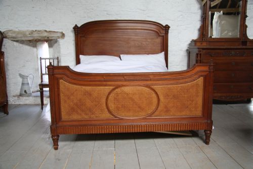 Stunning Unusual King Size French Solid Mahogany Bed with Cane Detail in Foot End