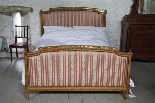 French Louis Xv1 Gold Leaf Gilded King Size Upholstered Bed