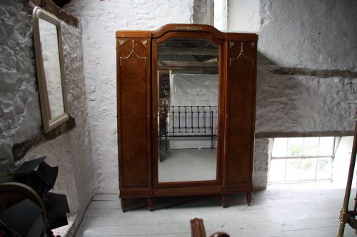 French Burr Maple Armoire Wardrobe with Beveled Glass Door