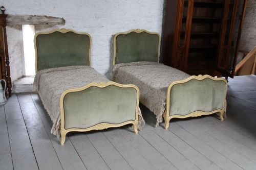 Pair of French Upholstered Single Beds with Crackle Aged Old White Paintwork