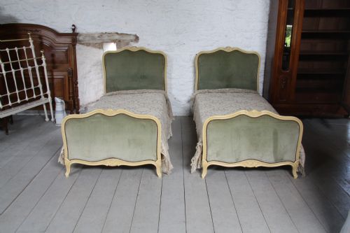 fig 1. Pair of French upholstered single beds with crackle aged old white paintwork