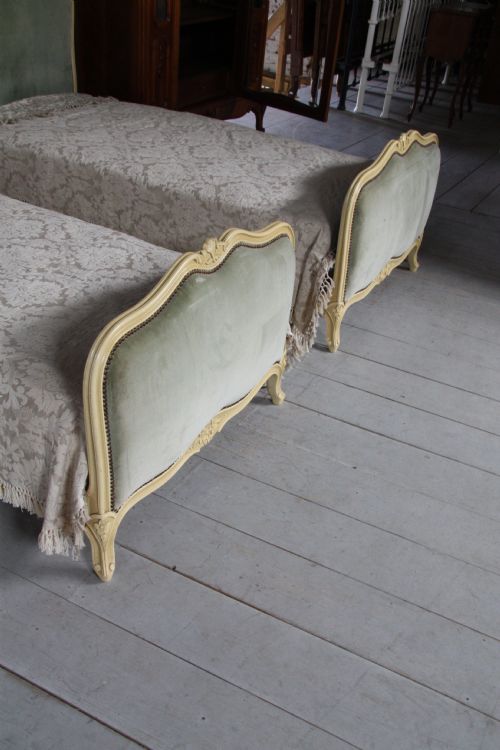fig 2. Pair of French upholstered single beds with crackle aged old white paintwork