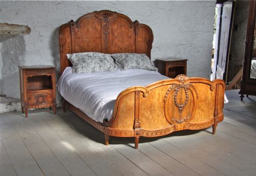 Stunning French Burr Walnut and Cherry Shaped King Size Bed  (Part of Bedroom Suite)
