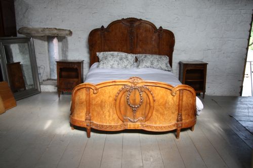 fig 1. Stunning French burr walnut and cherry shaped king size bed  (part of bedroom suite)