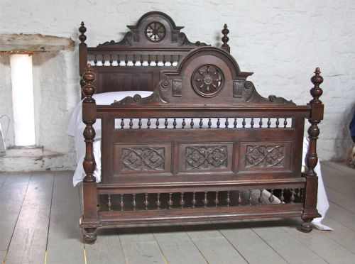 Carved French Bretton Dark Oak Bed with Bedside