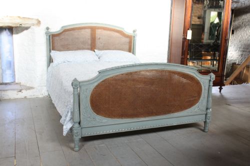 King Size French Louis Xv1 Style Painted Carved Caned Bed