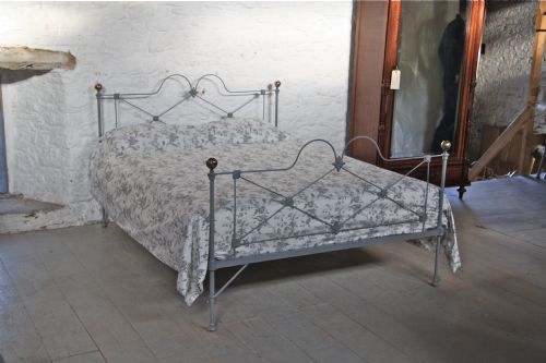 Pretty English Iron King Size Bed with Brass Knobs in Mid Lead Grey