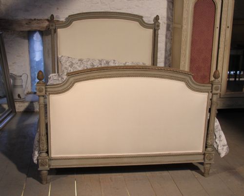 fig 1. Newly upholstered French Louis XV1 kingsize bed with original paint finish