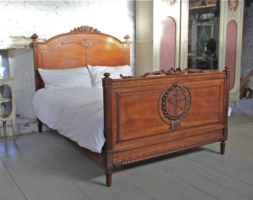 Unusual French Solid Walnut Carved King Size Bed