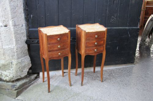 Pair of French Shaped Walnut Bed Side Tables with Three Drawers