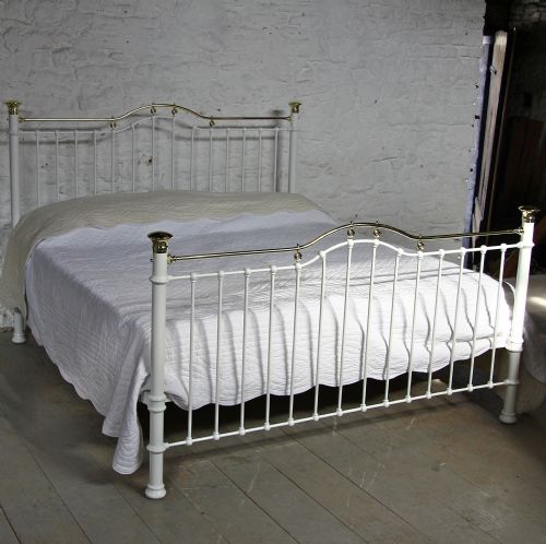 Six Foot Wide Classic Victorian White and Brass Bed