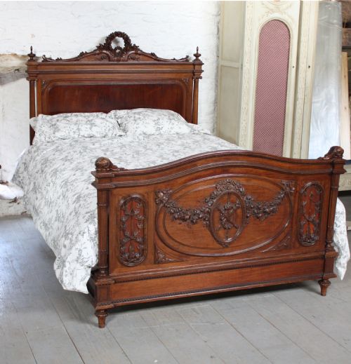 Beautifully Carved French Louis Xv1 Style Walnut and Mahogany King Size Bed