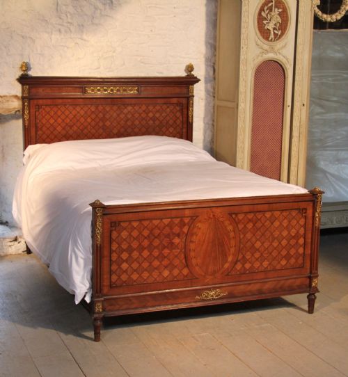 Handsome French  Walnut and Mahogany Parquetry with Ormalu Decoration King Size Bed with Bedside