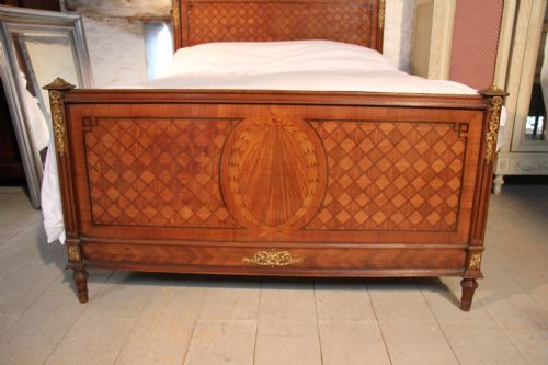 fig 2. Handsome French walnut and mahogany parquetry with ormalu decoration king size bed with bedside