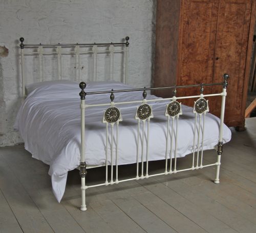 Rare White and Aged Brass Kingsize Art Nouveau Brass and Iron Bed