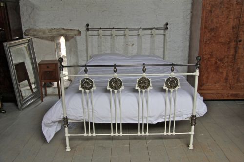 fig 1. Rare white and aged brass kingsize Art Nouveau brass and iron bed