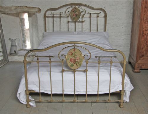 fig 1. Rare gorgeous painted roses detail all original French brass and iron bed  