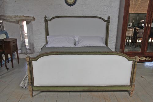fig 1. Super king size Louis XV1 style upholstered bed with original painted frame