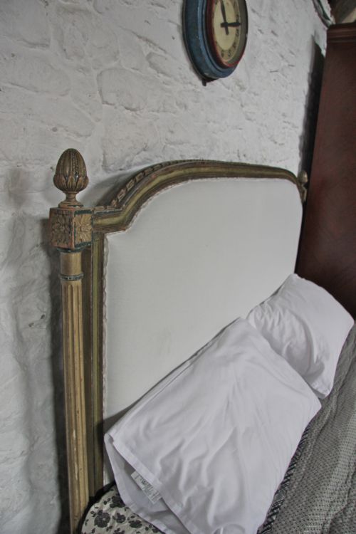 fig 3. Super king size Louis XV1 style upholstered bed with original painted frame