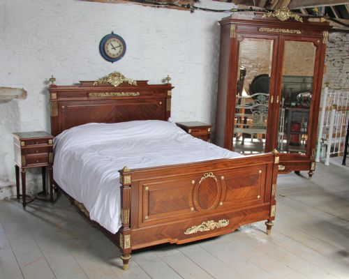 Louis Xv1 Style Bedroom Suite with King Size Bed and Armoire and Pair of Bedsides