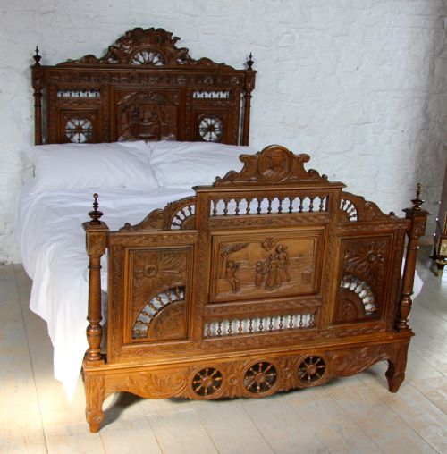 French Bretton Oak Carved Bed