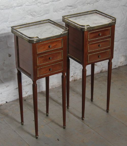 Pair of Little Mahogany Fruit Wood and Gilded Three Drawer Bedsides