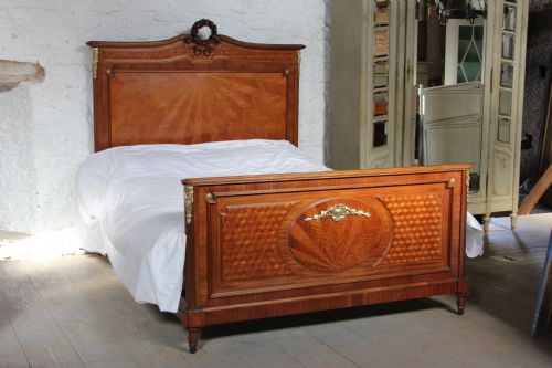 King Size French Mahogany and Fruit Wood Bed with Parquetry Detail