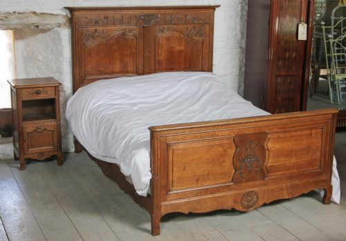 French Carved Oak Double Bed with Matching Pair of Bedsides