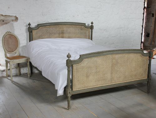 Original Aged French Green/grey Painted and Carved Caned King Size