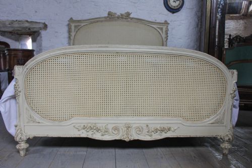 fig 1. French aged paint carved frame bergere caned king size