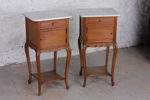 Pair of Simple Cherry Louis Xv Style Bedsides with Marble