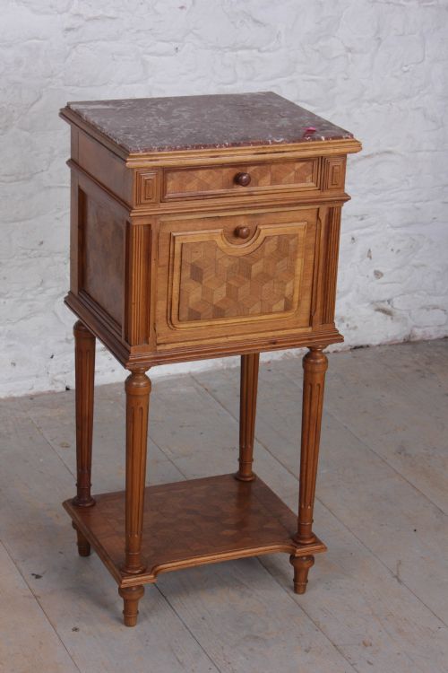 Cherry and Walnut Parquetry Bedside with Rose Marble Top