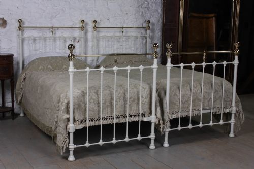 Pair of Victorian White and Brass Single Beds