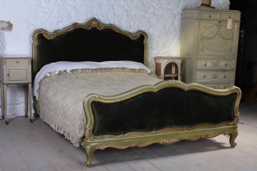 French Rococo Baroque Italian Aged Green Paint and Gilded King Size