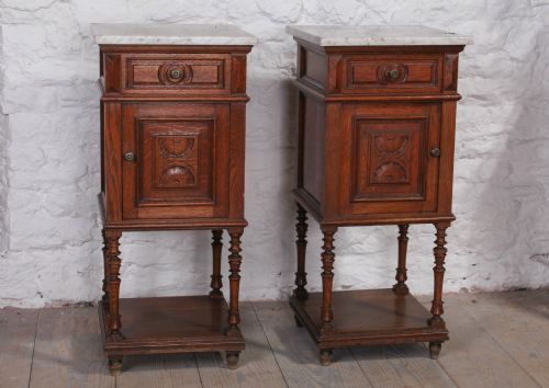 Pair of Gothic Oak Bedsides with Marble Tops