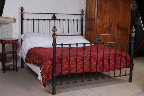 Handsome Art Nouveau Detail Aged Black and Brass 6ft Bed