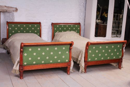 Pretty Pair of Single Cherry Swan Detail Upholstered Beds