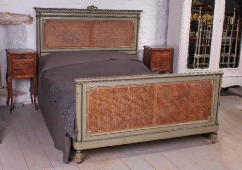 Beautiful Original Eau De Nil French Caned Large King Size Bed (Has Matching Dressing Table)