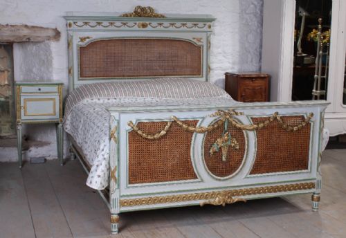 Original Painted Decorative Bergere Caned Bed and Matching Bedside