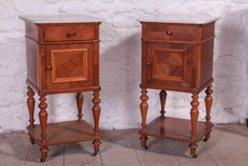 Lovely Pair of White Marble Top Walnut Bedsides