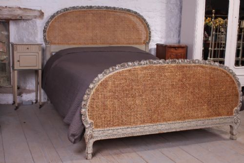 Beautiful Original Eau De Nil Painted  Carved Roses Bergere Caned King Size